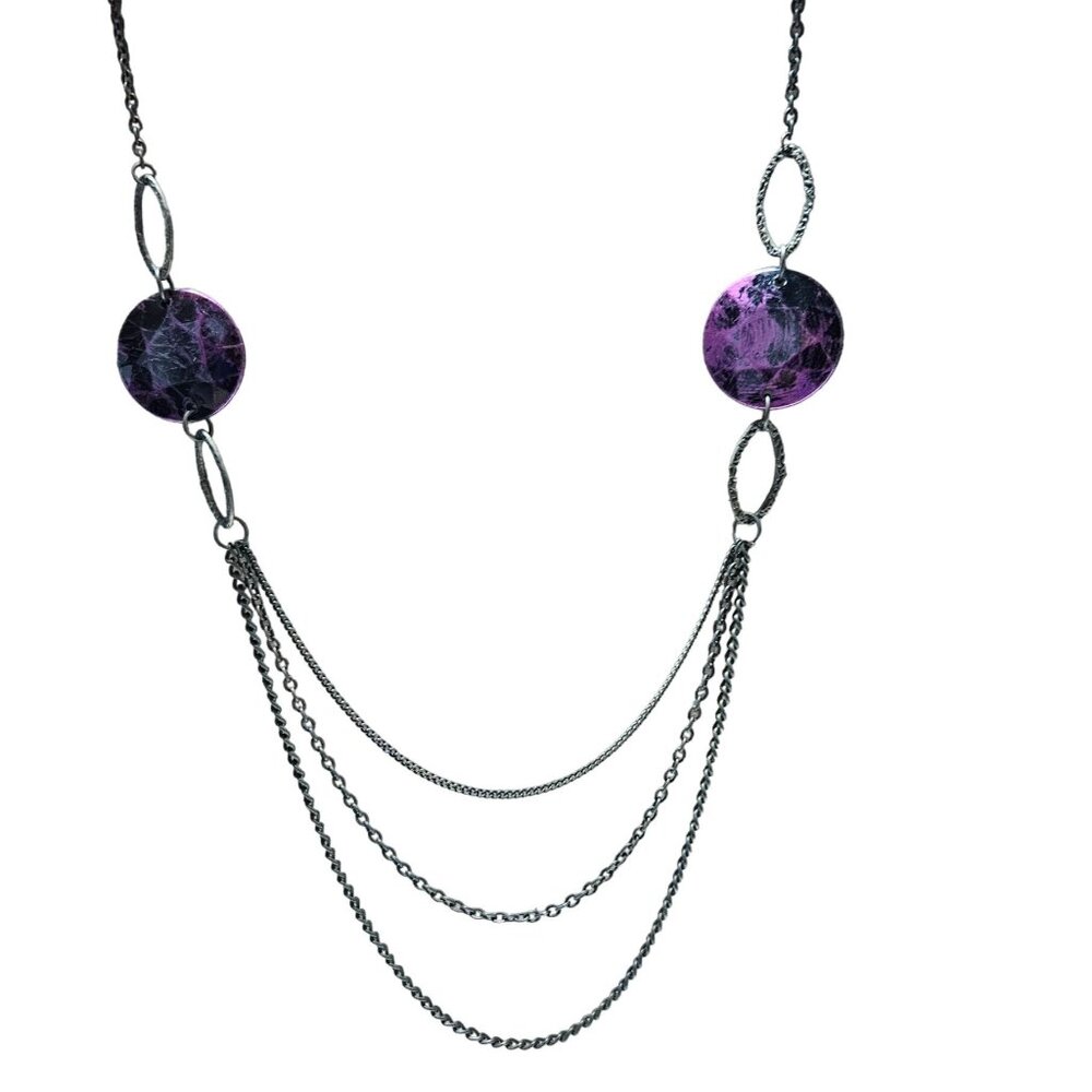 Elegant Purple Disc Silver Chain Multi Strand Statement Necklace Fashion Jewelry